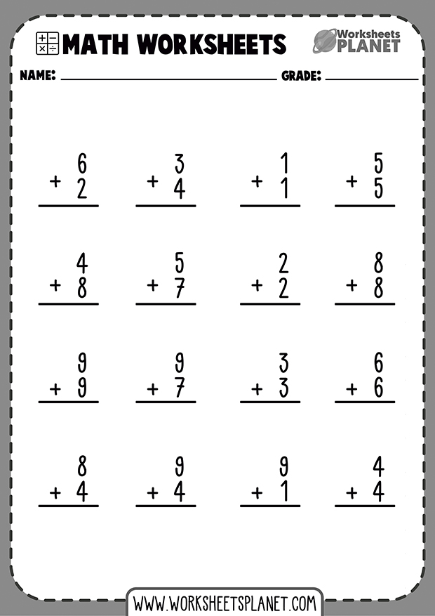 1 Digit Addition Kidnergarten