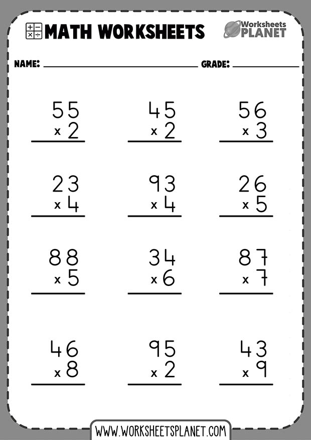 1 Digit X 2 Digit Multiplication Worksheets