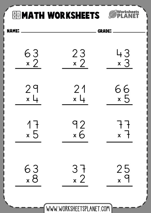 1 digit x 2 digit multiplication worksheets