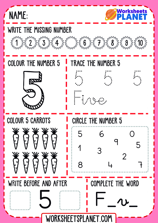 Learning Numbers Five Worksheet