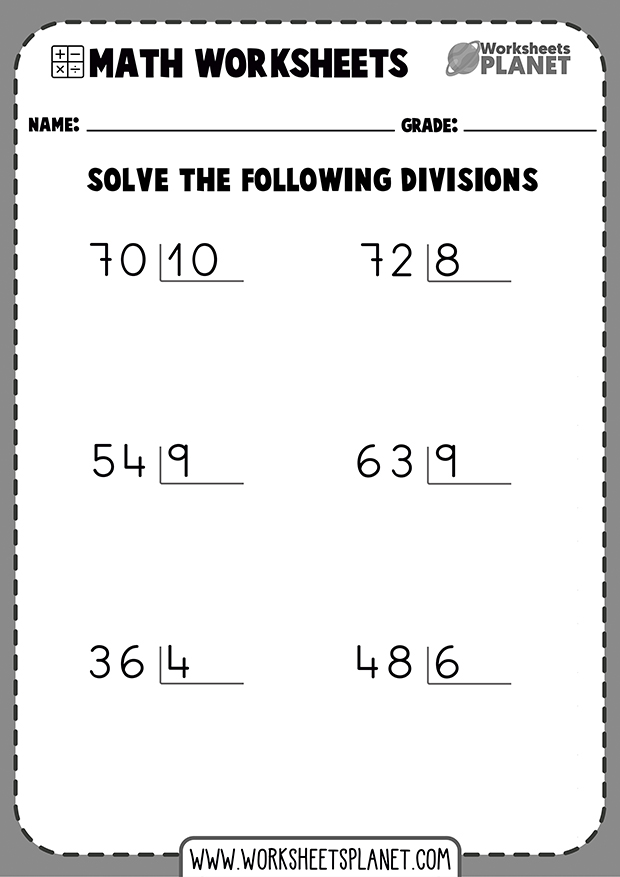 PDF Printable Divisions Worksheets No Remainder