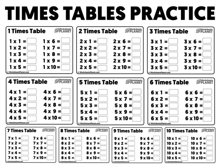 Free Printable Times Tables Practice Sheets