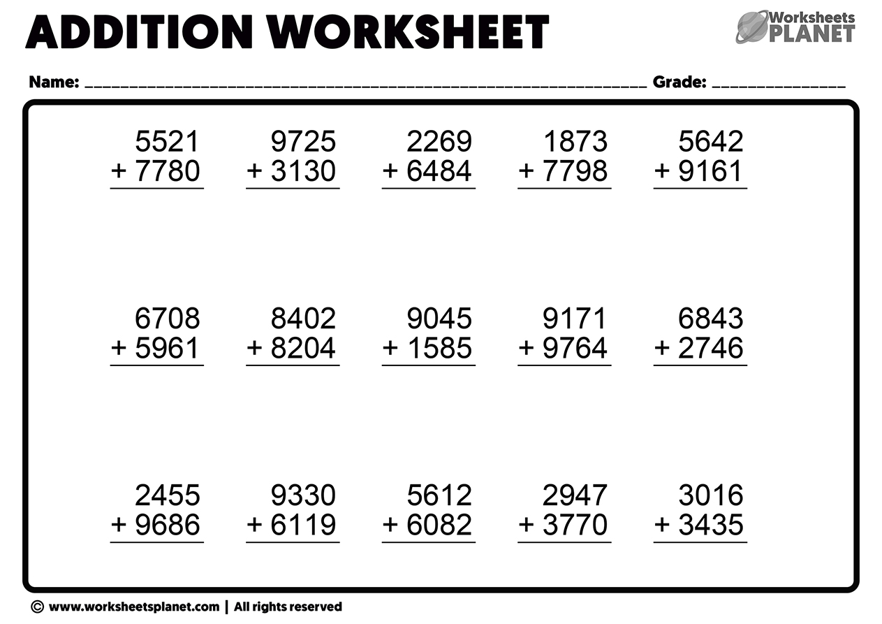 Addition Of 4 Digit Numbers Without Regrouping Worksheets