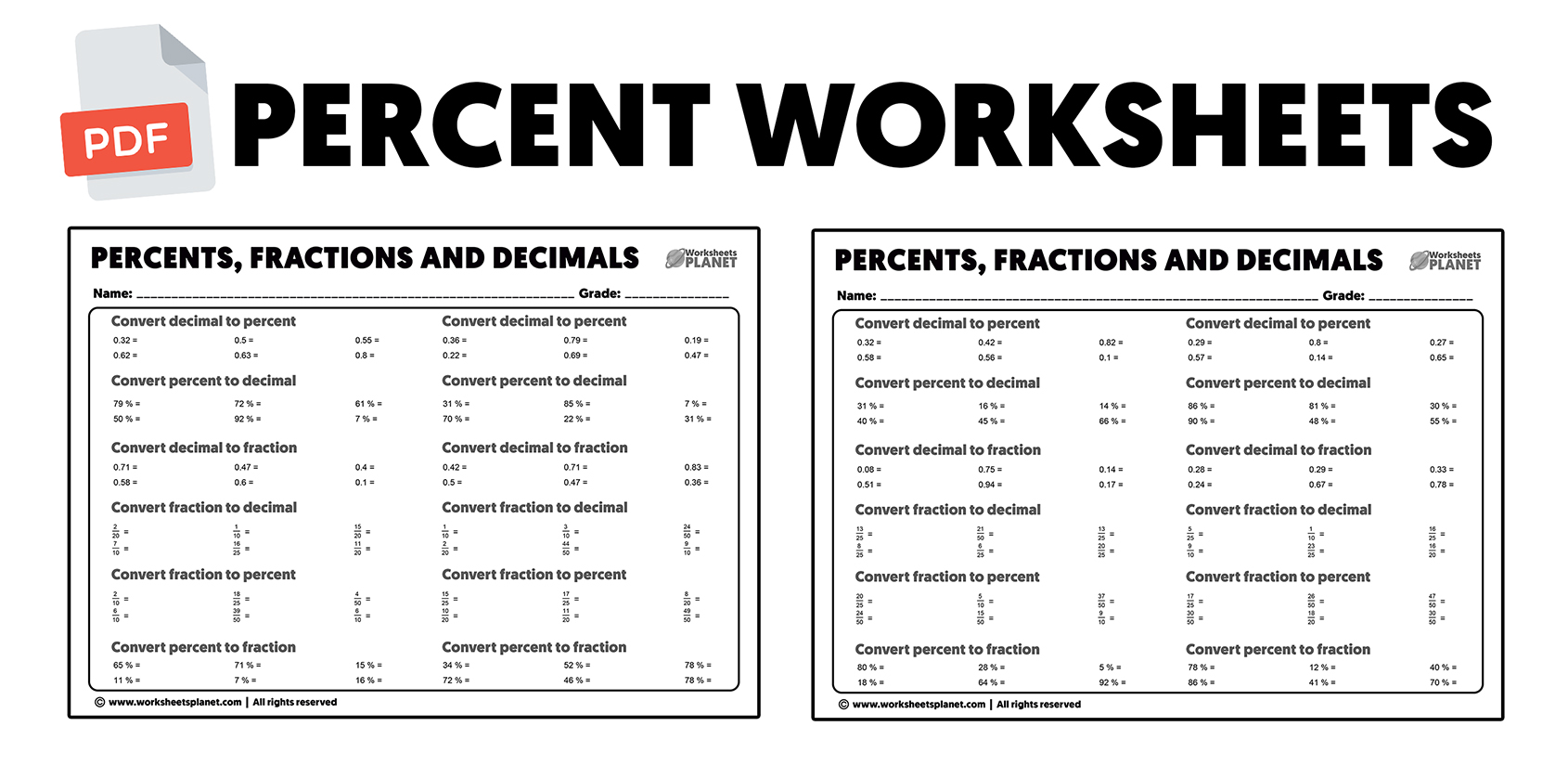 Fractions Decimals Percentages (D) Worksheet